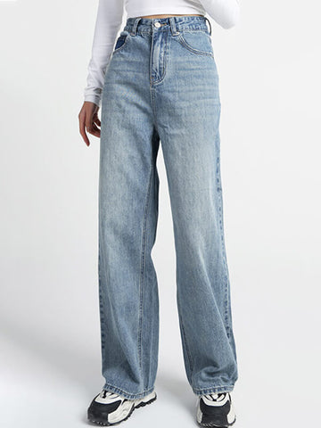 Woochic jeans droit larges jambes évasé avec poches taille haute femme décontracté Bleu ciel S